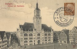Stuttgart Rathaus on the Marktplatz, 1907. The building was destroyed by Allied bombing during World War II. What was left of the building was used to build the current City Hall.