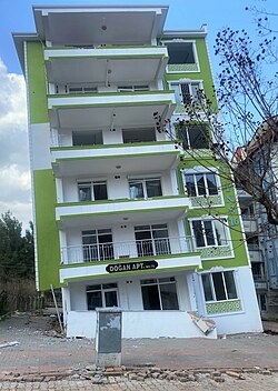 An example of soil liquefaction and a partially tilted apartment building in Gölbaşı