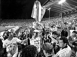 Hans van Breukelen celebrating with the European Cup after the match in Stuttgart