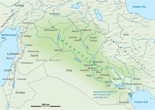 Map depicting ancient Mesopotamian region overlaid with modern landmarks in Iraq and Syria.