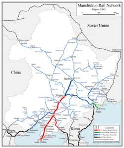 Map of Manchukuo and its rail network, c. 1945