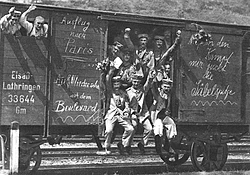 German soldiers on the way to the front in 1914; at this stage, all sides expected the conflict to be a short one.