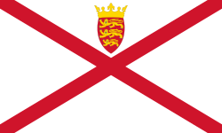 The flag of Jersey, displaying the badge of Jersey surmounted by a Plantagenet crown