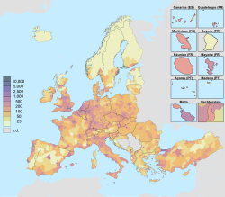 Map showing the population density by NUTS3 region, 2017, including non-EU countries