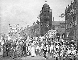 Bastille Day, 1792, Belfast, Ireland. Volunteer companies parade "The Colours of Five Free Nations, viz.: Flag of Ireland – motto, Unite and be free. Flag of America – motto, The Asylum of Liberty. Flag of France – motto, The Nation, the Law, and the King. Flag of Poland – motto, We will support it. Flag of Great Britain – motto, Wisdom, Spirit, and Liberality."[8]