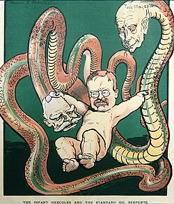 U.S. President Theodore Roosevelt depicted as the infant Hercules grappling with Standard Oil Company in a 1906 Puck magazine cartoon by Frank A. Nankivell
