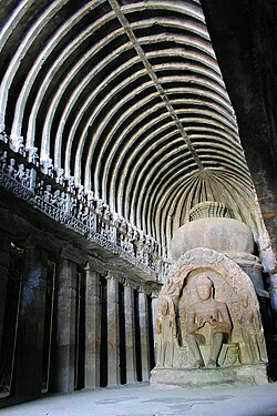 Temple hall (Ellora, Cave 10) with bell-shaped stupa in the apse