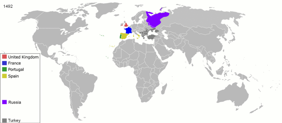 World Colonization of 1492 (Early Modern World), 1550, 1660, 1754 (Age of Enlightenment), 1822 (Industrial revolution), 1885 (European Hegemony), 1914 (World War I era), 1938 (World War II era), 1959 (Cold War era) and 1974, 2008 (Recent history)