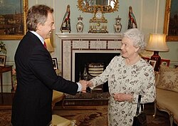 Queen Elizabeth II receiving prime minister Tony Blair after he won a third term in office on 6 May 2005