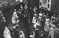 Wedding of Prince Henry of Prussia with Princess Irene of Hesse on 24 May 1888. The future emperor Wilhelm II is on the right. The emperor Frederick III is seated on the left and would have died just three weeks after.