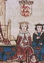 This image is of Llywelyn ap Gruffudd, Prince of Wales, crowned and seated beneath his personal arms. The entire picture depicts his homage to King Henry III of England in 1267 but was painted after the event.