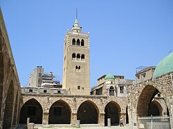 The Mansouri Great Mosque (late 13th century). The arches and courtyard date from the Mamluk period but the minaret is believed to be an earlier Christian structure.[26]