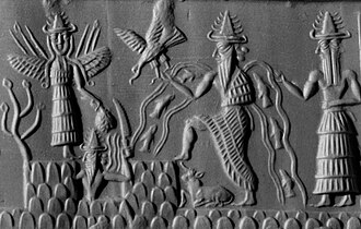 Akkadian cylinder seal from c. 2300 BCE or thereabouts depicting the deities Inanna, Utu, Enki, and Isimud[212]