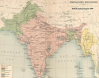 A map of the British Raj in 1909 showing Muslim majority areas in green, including modern-day Bangladesh in the east and Pakistan in the west