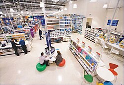 Australia's Officeworks retails everything for the home office or small commercial office; stationery, furniture, electronics, communications devices, copying, printing and photography services, coffee, tea and light snacks.