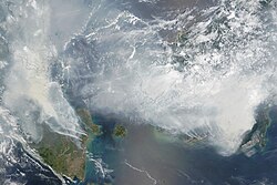 Satellite photograph of the haze above Borneo and Sumatra, 24 September 2015