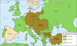 Map depicting the military alliances of the First World War in 1914–1918