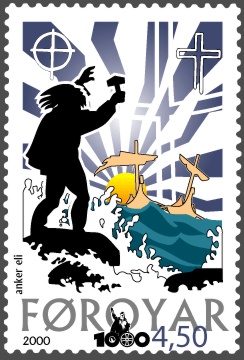 Faroese stamp by Anker Eli Petersen commemorating the arrival of Christianity in the islands