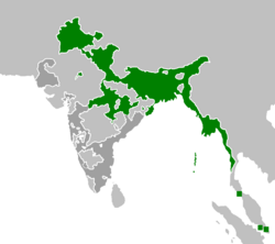 Bengal Presidency (green) in British India with dependencies (gray)