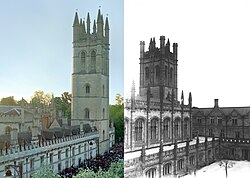 Mitchell Tower (1901–1908), University of Chicago, Shepley, Rutan & Coolidge, architects. Modeled after the Magdalen Tower (1492–1508), Oxford University (left).
