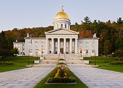 The gold leaf dome of the neoclassical Vermont State House (Capitol) in Montpelier