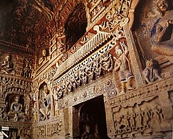 North and west walls, front chamber of cave 9, showing "Ionic" capitals on north wall, late 5th century[52]