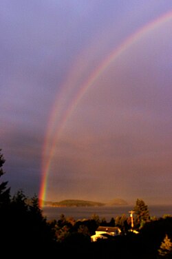 Reflection rainbow (top) and normal rainbow (bottom) at sunset