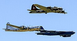 B-29 Superfortress Doc, B-17 Flying Fortress Thunderbird, and a B-52 Stratofortress flying in formation at the 2017 Barksdale Air Force Base Airshow