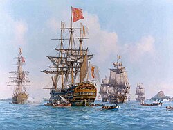 Painting of the Anglo-Portuguese squadron transporting the Portuguese court arriving at Guanabara Bay in 1808 by Geoff Hunt