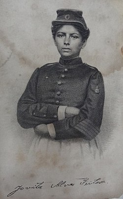 Jovita Feitosa enlisted in the Brazilian Voluntários da Pátria disguised as a man. On her sex being discovered she was fêted as a patriot and used in a recruitment drive, though formally denied a combatant role.