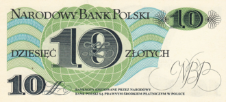 The reverse side of the 10-złoty note.