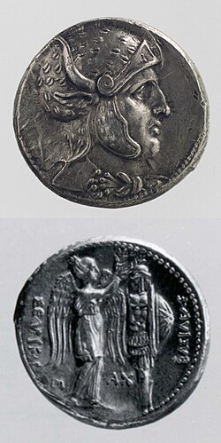 Tetradrachm of Seleucus I, minted at Susa.[75] Obv: Portrait of male figure (probably Seleucus, but possibly Alexander or Dionysus),[75] wearing a leopard-skin helmet, with a bull's ear and horns. Rev: Nike, holding a wreath over a trophy, probably referring to the Battle of Ipsus. Legend "King Seleucus".[76]