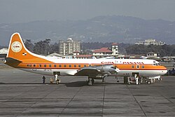 A Copa Airlines Lockheed L-188 Electra at La Aurora International Airport in 1980