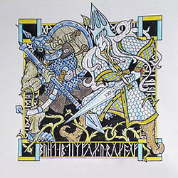 Tolkien's Middle-earth legendarium has inspired numerous responses from fantasy artists,[16] here Tom Loback's Thingol Fights Boldog. The battle between the Elf-King and the Orc chieftain is described in The Lay of Leithian.