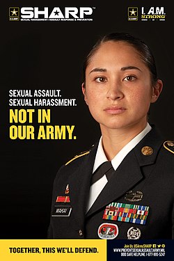 A uniformed service member stares at the viewer. The main text says "SEXUAL ASSAULT. SEXUAL HARASSMENT. NOT IN OUR ARMY."