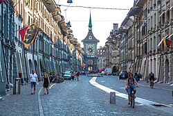 The Zytglogge clock tower and the city's medieval covered shopping promenades (Lauben)