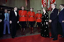Royal Canadian Mounted Police officers present at a meeting between Ronald Reagan, Nancy Reagan, and Pierre Trudeau, 1981