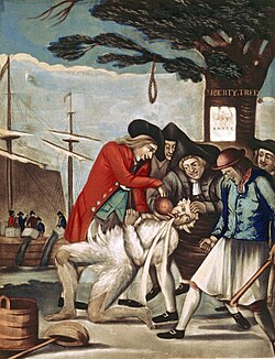 Patriots tarring and feathering Loyalist John Malcolm depicted in a 1774 painting