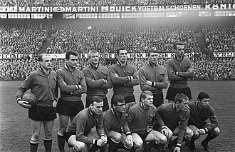 The Belgium squad at the start of a friendly game against the Netherlands, 1966