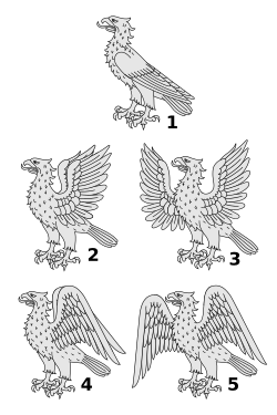 1. Eagle close. 2. Eagle rising, wings elevated and addorsed. 3. Eagle rising, wings elevated and displayed. 4. Eagle rising, wings addorsed and inverted. 5. Eagle rising, wings displayed and inverted.