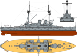 HMS Agamemnon, an all-big-gun mixed-calibre ship of the Lord Nelson class. It carried four 12-inch (305 mm) and ten 9.2-inch (234 mm) guns.