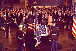 President Richard Nixon paying his last tributes to his predecessor, former president Johnson in 1973