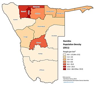 Population density in Namibia by regions (census 2011)