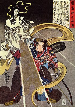 An artistic depiction by Utagawa Kuniyoshi of the kami Inari appearing to a man