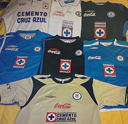 Cruz Azul kits from the 1990s and 2000s.