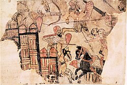 Fatimid or Ayyubid dynasty battle scene, Fustat, Cairo, Egypt, 12–13th century.[39][40][41]