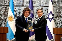 Milei receives the Israeli Presidential Medal of Honour from Israeli President Isaac Herzog during Milei's visit to Israel in April 2026