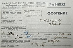 Landing card for Einstein’s journey from Ostend, Belgium, to Dover, England, on 26 May 1933, with his destination address indicated as Oxford