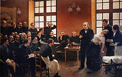 André Brouillet's A Clinical Lesson at the Salpêtrière (1887) depicting a Charcot demonstration. Freud had a lithograph of this painting placed over the couch in his consulting rooms.[67]
