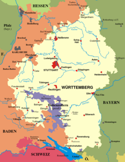 Württemberg at the end of World War I. Its boundaries did not change when it became the Free People's State of Württemberg.